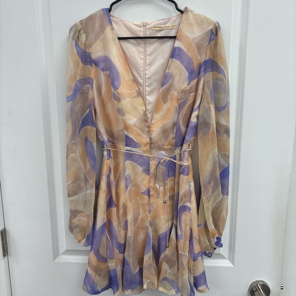 Elegant Long Sleeve Dress with Purple and Tan Swirl